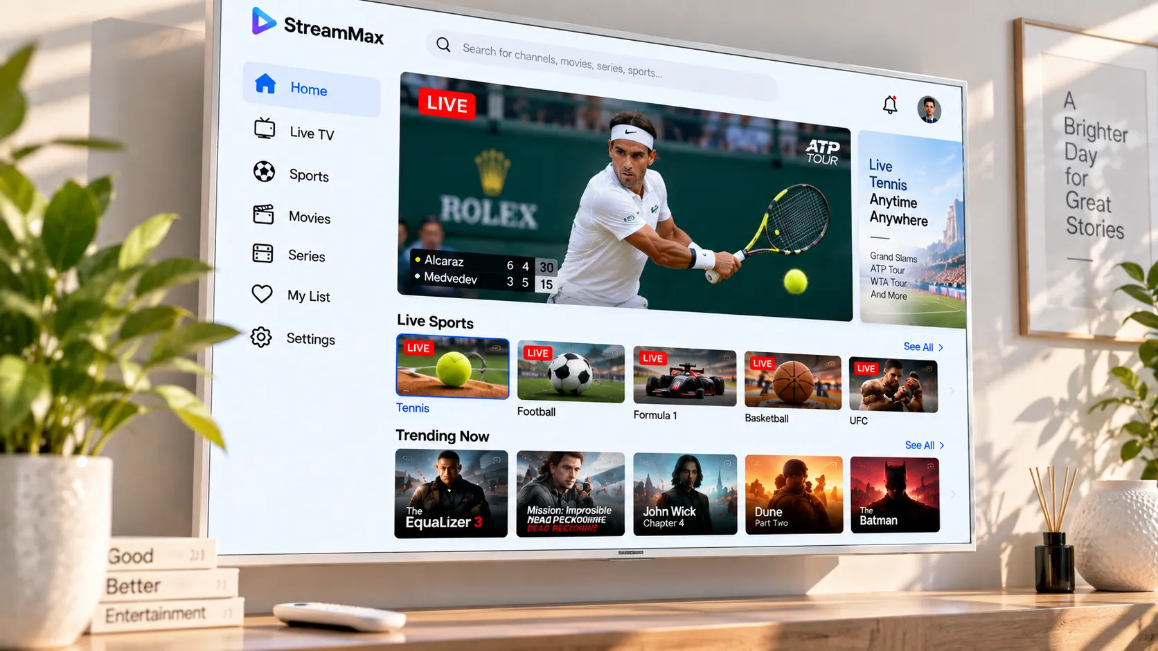 Verschiedene IPTV-Geräte im Vergleich: Android-Box, Fire TV Stick, MAG Set-Top-Box und Smart TV nebeneinander