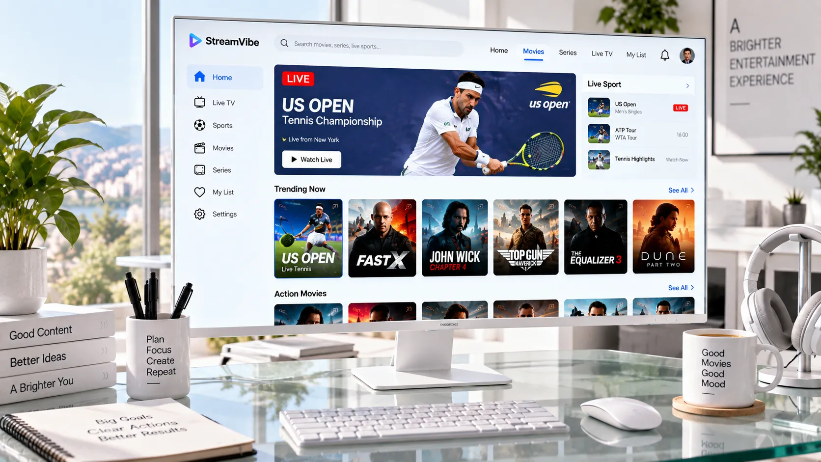 IPTV-Player-Oberfläche auf einem Fire TV Stick mit EPG-Übersicht und Kanalgruppen