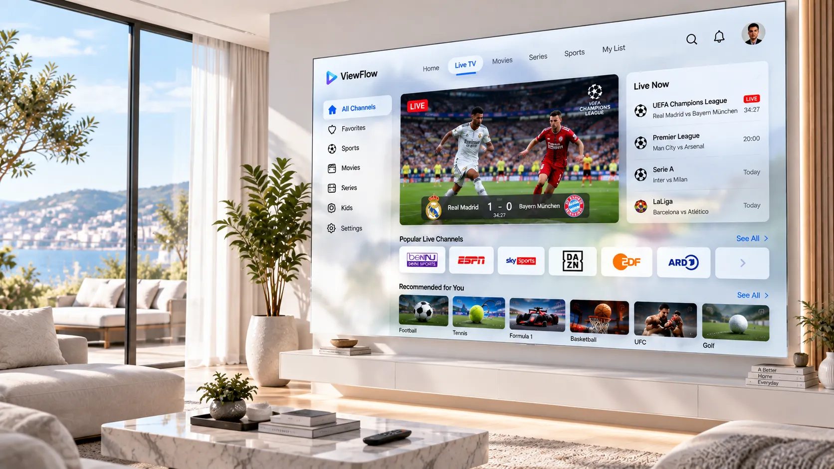Schematische Darstellung des IPTV-Signalwegs vom Server über das Internet und den Router bis zum Endgerät