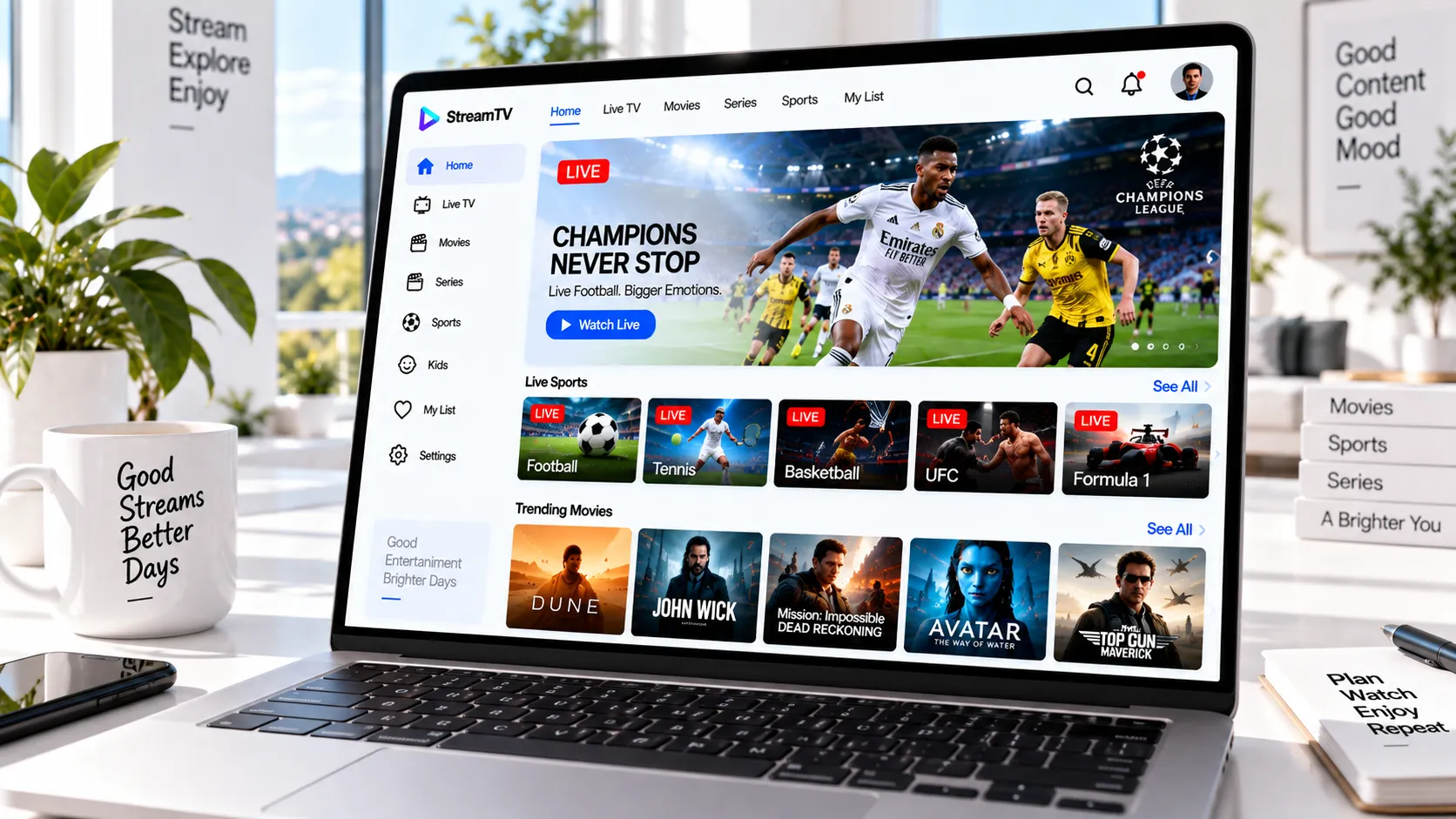 Samsung Smart TV mit Smart IPTV App-Startbildschirm, MAC-Adresse sichtbar, daneben Laptop mit sma.vu-Website